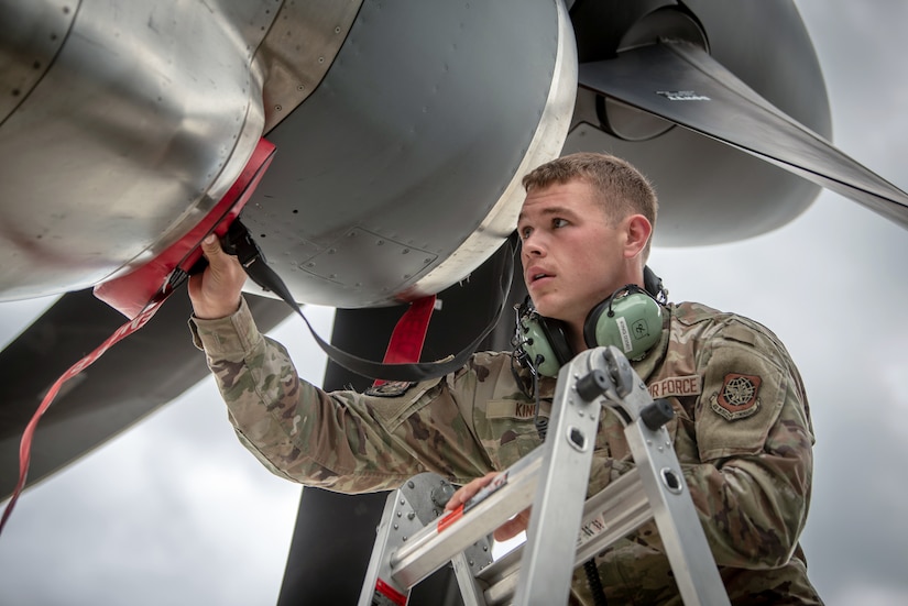 U.S. Air Force Airman Carson King, a mechanic assigned to the 123rd Airlift Wing, Kentucky Air National Guard, completes a post-flight inspection of a C-130J Super Hercules aircraft on the flight line at Karup Air Base, Denmark, June 2, 2026. The 123rd AW is providing tactical airlift support to NATO Allies throughout the month of June in support of Ramstein Flag 2026, an Allied Air Command large-scale, air-focused, multi-location and joint operating area exercise with 18 participating nations and more than 200 aircraft. (U.S. Air National Guard photo by Master Sgt. Joshua Horton)