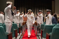 260604-N-MZ309-1225 KEYPORT, Wash. (June 4, 2026) Capt. Rob Garis departs a change of command ceremony at the U.S. Naval Undersea Museum in Keyport, Washington, June 4, 2026. During the ceremony Capt. Lacy Lodmell relieved Garis as commodore of Submarine Squadron (CSS) 19. CSS-19 is subordinate to Commander, Submarine Group (SUBGRU) 9 which exercises administrative and operational control of assigned submarine commands and units in the Pacific Northwest, providing oversight for shipboard training, personnel, and the supply and material readiness of SSBNs and their crews. SUBGRU-9 is also responsible for nuclear submarines undergoing conversion or overhaul at Puget Sound Naval Shipyard in Bremerton. (U.S. Navy photo by Mass Communication Specialist 1st Class Ryan Riley)