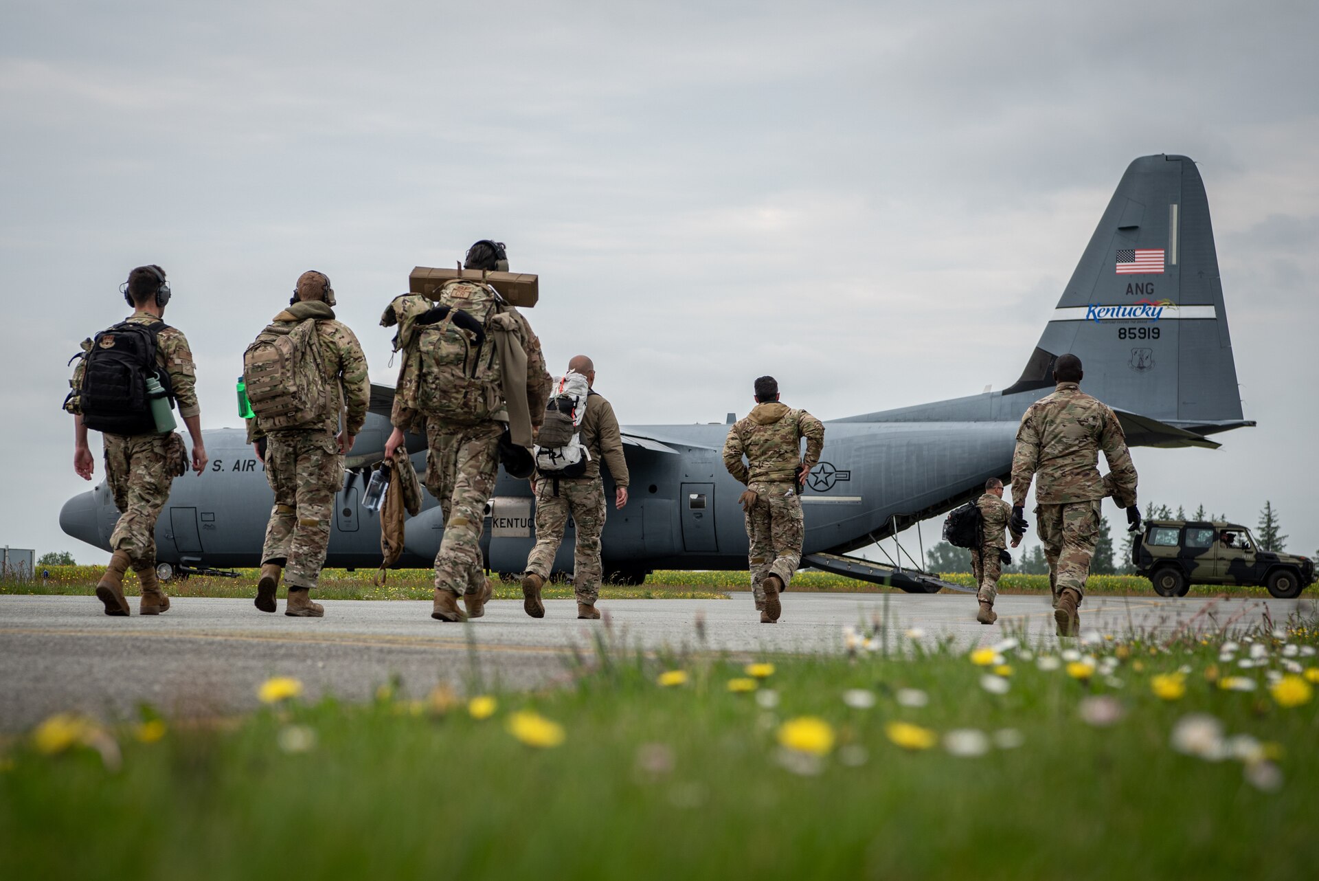 U.S. Airmen with the 123rd Contingency Response Group, 123rd Airlift Wing, Kentucky Air National Guard, board a C-130J Super Hercules aircraft at Sindal Airport in Sindal, Denmark, June 3, 2026. The 123rd AW is providing tactical airlift support to NATO Allies throughout the month of June in support of Ramstein Flag 2026, an Allied Air Command large-scale, air-focused, multi-location and joint operating area exercise with 18 participating nations and more than 200 aircraft. (U.S. Air National Guard photo by Master Sgt. Joshua Horton)