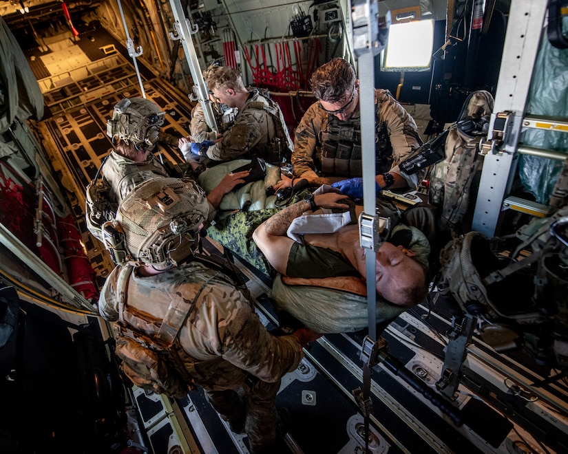Members of the Danish Armed Forces conduct medical training aboard a U.S. Air Force C-130J Super Hercules aircraft assigned to the 123rd Airlift Wing, Kentucky Air National Guard, while flying over Denmark on June 4, 2026. The 123rd AW is providing tactical airlift support to NATO Allies throughout the month of June as part of Ramstein Flag 2026, an Allied Air Command large-scale, air-focused, multi-location and joint operating area exercise that kicks off June 8 with 18 participating nations and more than 200 aircraft. (U.S. Air National Guard photo by Master Sgt. Joshua Horton)
