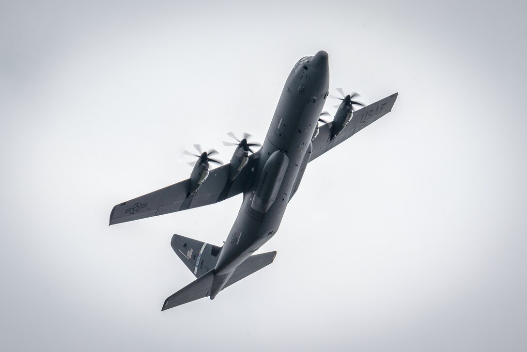 A U.S. Air Force C-130J Super Hercules aircraft assigned to the 123rd Airlift Wing, Kentucky Air National Guard, flies over Karup Air Base, Denmark, June 2, 2026. The 123rd AW is providing tactical airlift support to NATO Allies throughout the month of June in support of Ramstein Flag 2026, an Allied Air Command large-scale, air-focused, multi-location and joint operating area exercise with 18 participating nations and more than 200 aircraft. (U.S. Air National Guard photo by Master Sgt. Joshua Horton)