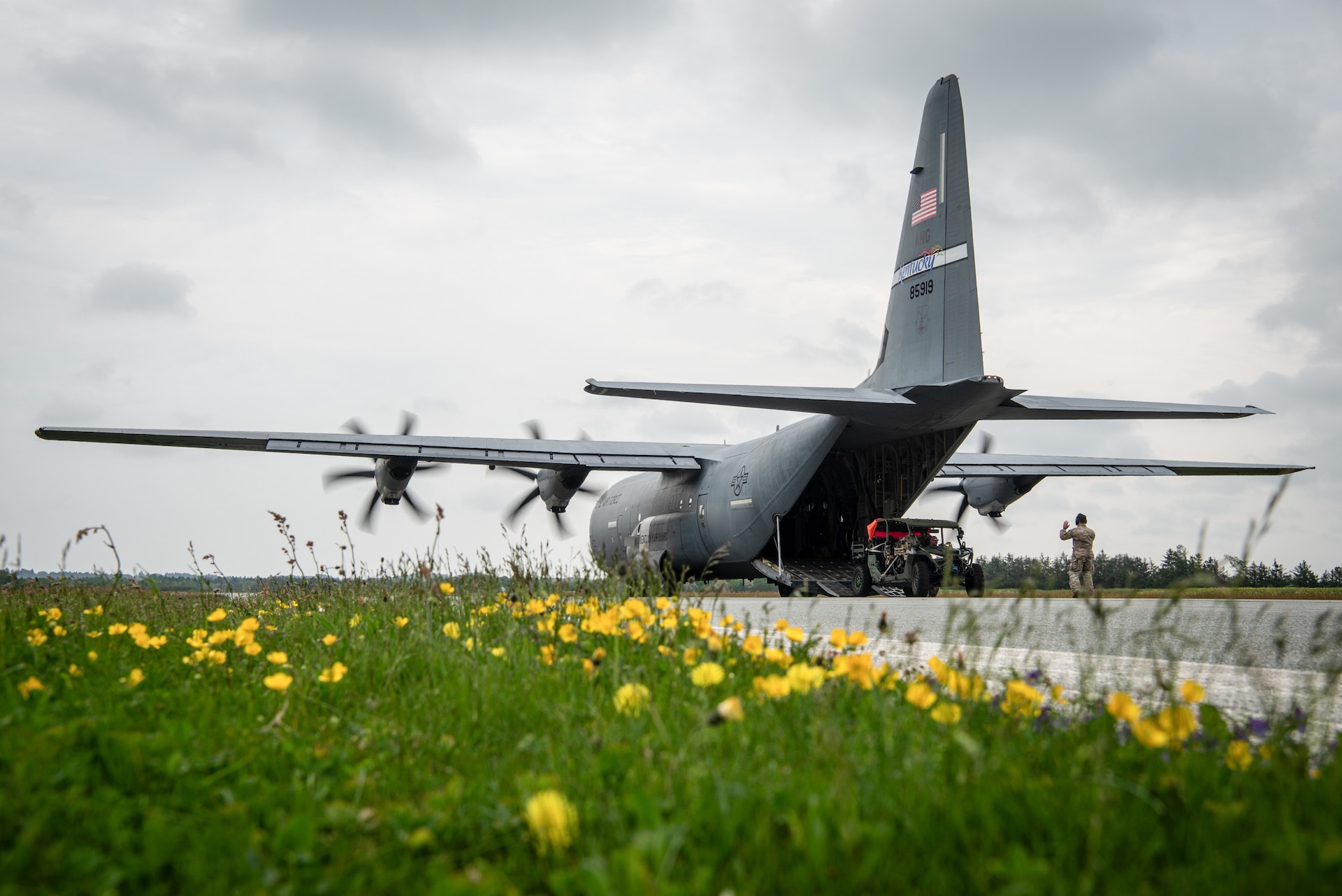 U.S. Airmen with the 123rd Contingency Response Group, 123 Airlift Wing, Kentucky Air National Guard board, a C-130J Super Hercules aircraft at Sindal Airport in Sindal, Denmark, June 3, 2026. The 123rd AW is providing tactical airlift support to NATO Allies throughout the month of June in support of Ramstein Flag 2026, an Allied Air Command large-scale, air-focused, multi-location and joint operating area exercise with 18 participating nations and more than 200 aircraft. (U.S. Air National Guard photo by Master Sgt. Joshua Horton)