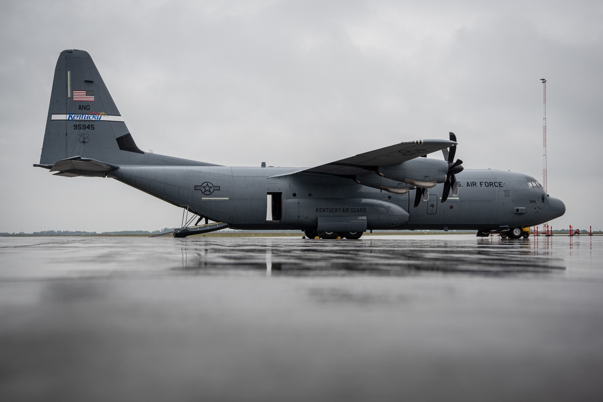 A U.S. Air Force C-130J Super Hercules aircraft assigned to the 123rd Airlift Wing, Kentucky Air National Guard, awaits its next sortie at Karup Air Base, Denmark, June 3, 2026. The 123rd AW is providing tactical airlift support to NATO Allies throughout the month of June in support of Ramstein Flag 2026, an Allied Air Command large-scale, air-focused, multi-location and joint operating area exercise with 18 participating nations and more than 200 aircraft. (U.S. Air National Guard photo by Master Sgt. Joshua Horton)
