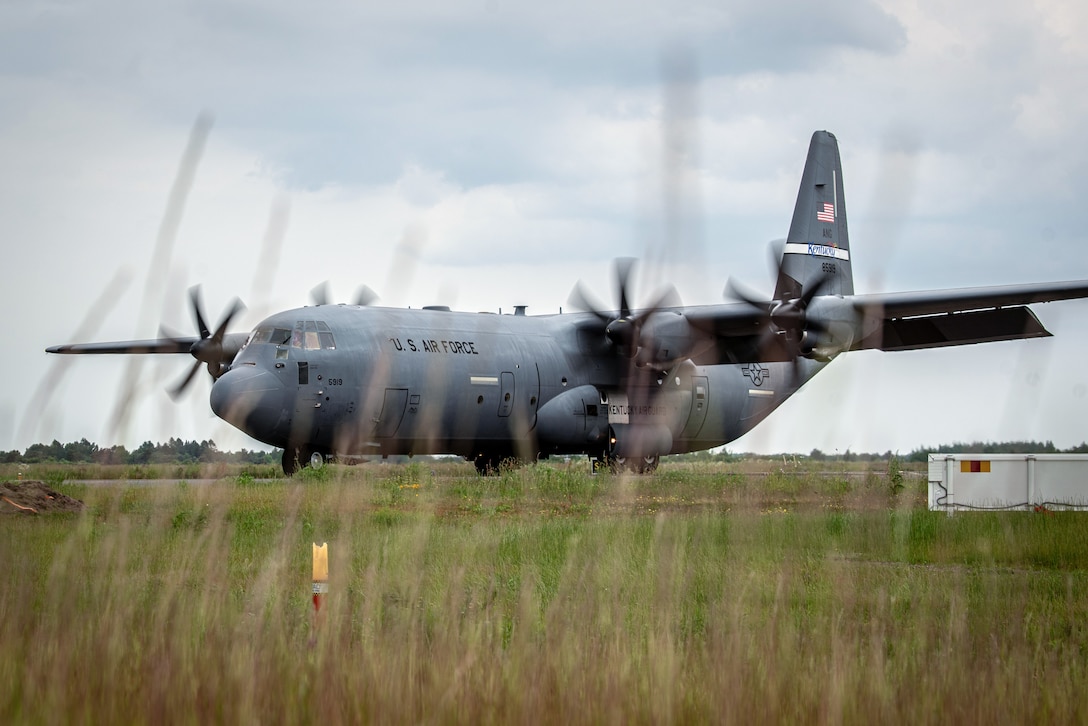 A U.S. Air Force C-130J Super Hercules aircraft assigned to the 123rd Airlift Wing, Kentucky Air National Guard, lands at Karup Air Base, Denmark, June 2, 2026. The 123rd AW is providing tactical airlift support to NATO Allies throughout the month of June in support of Ramstein Flag 2026, an Allied Air Command large-scale, air-focused, multi-location and joint operating area exercise with 18 participating nations and more than 200 aircraft. (U.S. Air National Guard photo by Master Sgt. Joshua Horton)