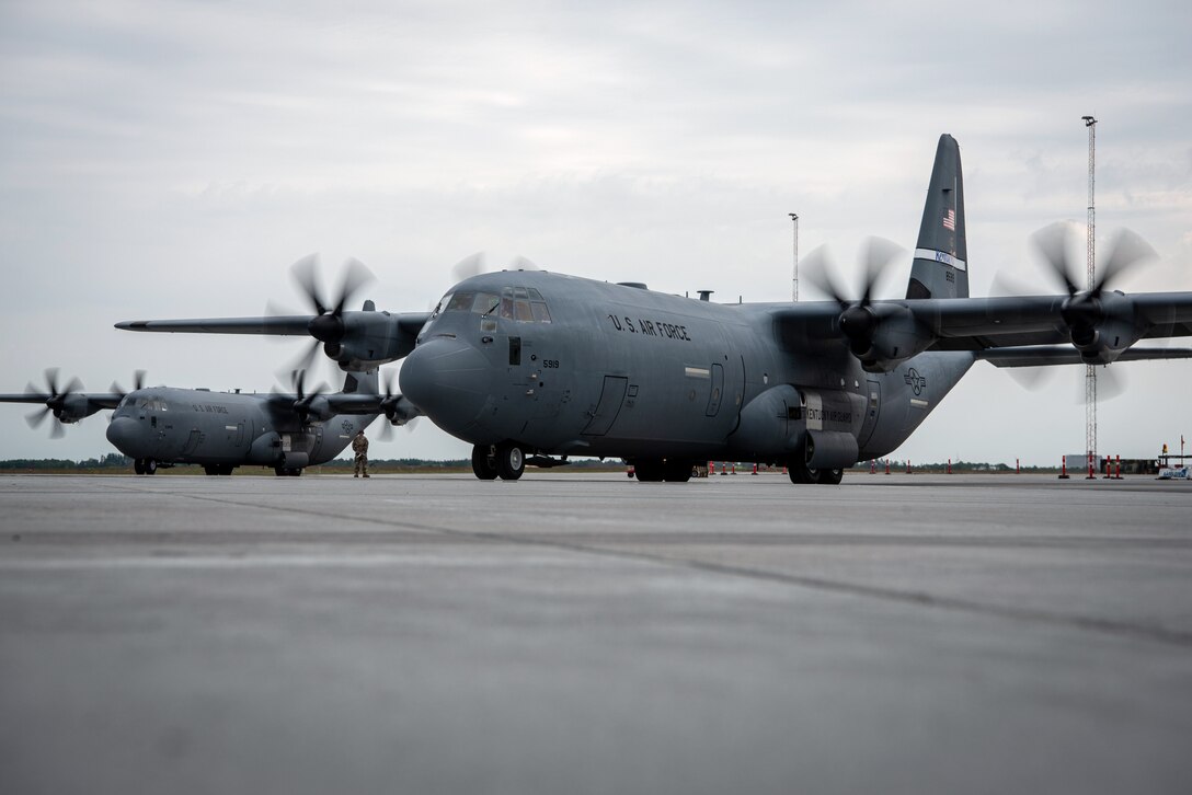Two U.S. Air Force C-130J Super Hercules aircraft assigned to the 123rd Airlift Wing, Kentucky Air National Guard, prepare to depart Karup Air Base, Denmark, June 2, 2026. The 123rd AW is providing tactical airlift support to NATO Allies throughout the month of June in support of Ramstein Flag 2026, an Allied Air Command large-scale, air-focused, multi-location and joint operating area exercise with 18 participating nations and more than 200 aircraft. (U.S. Air National Guard photo by Master Sgt. Joshua Horton)