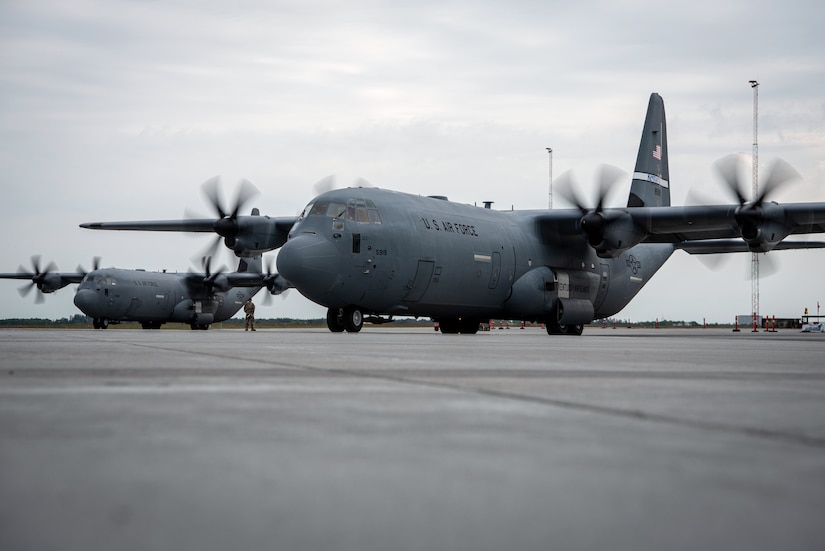 Two U.S. Air Force C-130J Super Hercules aircraft assigned to the 123rd Airlift Wing, Kentucky Air National Guard, prepare to depart Karup Air Base, Denmark, June 2, 2026. The 123rd AW is providing tactical airlift support to NATO Allies throughout the month of June in support of Ramstein Flag 2026, an Allied Air Command large-scale, air-focused, multi-location and joint operating area exercise with 18 participating nations and more than 200 aircraft. (U.S. Air National Guard photo by Master Sgt. Joshua Horton)