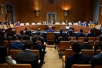 Air Force Chief of Staff Gen. Ken Wilsbach, center right, Secretary of the Air Force Troy Meink and Chief of Space Operations Gen. Chance Saltzman testify during a budget hearing before the Senate Appropriations Defense Subcommittee on Capitol Hill in Washington, D.C., June 9, 2026. (U.S. Air Force photo by Eric Dietrich)