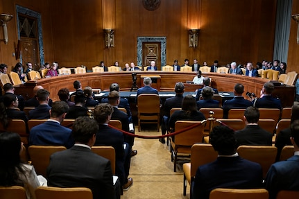 Air Force Chief of Staff Gen. Ken Wilsbach, center right, Secretary of the Air Force Troy Meink and Chief of Space Operations Gen. Chance Saltzman testify during a budget hearing before the Senate Appropriations Defense Subcommittee on Capitol Hill in Washington, D.C., June 9, 2026. (U.S. Air Force photo by Eric Dietrich)