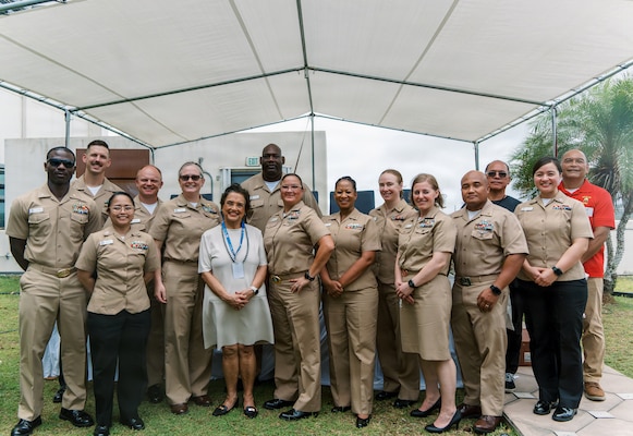 Agana Heights, Guam (May 11, 2026) — The Honorable Lou Leon Guerrero, governor of Guam, stands with Capt. Jamie Fitch, U.S. Naval Hospital (USNH) acting commanding officer, and hospital staff at the opening ceremony of Guam’s National Hospital Week 2026, recognizing the contributions of healthcare professionals and Guam’s hospitals while reinforcing USNH Guam’s commitment to medical readiness, operational support and unified patient care across the Marianas.