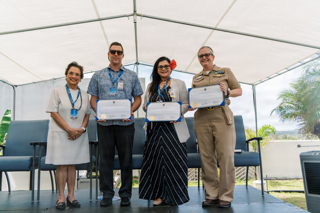 Agana Heights, Guam (May 11, 2026) — The Honorable Lou Leon Guerrero, governor of Guam, stands with Dr. Alexander  “Beau” Wielaard, Gaum Regional Medical City (GRMC) chief executive officer, Dr. Joleen Aguon, Guam Memorial Hospital Authority (GMHA) chief executive officer, and Capt. Jamie Fitch, U.S. Naval Hospital (USNH) acting commanding officer, at the opening ceremony of Guam’s National Hospital Week 2026, recognizing the contributions of healthcare professionals and Guam’s hospitals while reinforcing USNH Guam’s commitment to medical readiness, operational support and unified patient care across the Marianas.