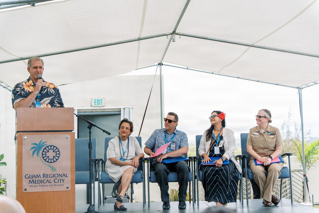 Agana Heights, Guam (May 11, 2026) — Eric Plinske, Guam Regional Medical City (GRMC) chief business officer, speaks at the opening ceremony of Guam’s Hospital Week 2026. On hand for the ceremony was the Honorable Lou Leon Guerrero, governor of Guam; Dr. Alexander  “Beau” Wielaard, GRMC chief executive officer; Dr. Joleen Aguon, Guam Memorial Hospital Authority chief executive officer; and Capt. Jamie Fitch, U.S. Naval Hospital (USNH) acting commanding officer. Plinske recognized the contributions of healthcare professionals and Guam’s hospitals while reinforcing USNH Guam’s commitment to medical readiness, operational support and unified patient care across the Marianas.