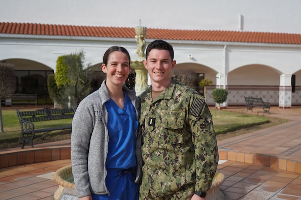Ensign Megan McLaughlin and Ensign Connor Mangan, fourth-year medical students at the Uniformed Services University of the Health Sciences, participate in an Advanced Clerkship Rotation at U.S. Naval Hospital Rota, Spain. During the month-long rotation, McLaughlin trained with the Orthopedics Department while Mangan worked in Family Medicine, gaining clinical experience and firsthand insight into Navy Medicine’s role in supporting operational readiness and warfighter health. (U.S. Navy photo by Lt. Cmdr. Alicia Sacks)