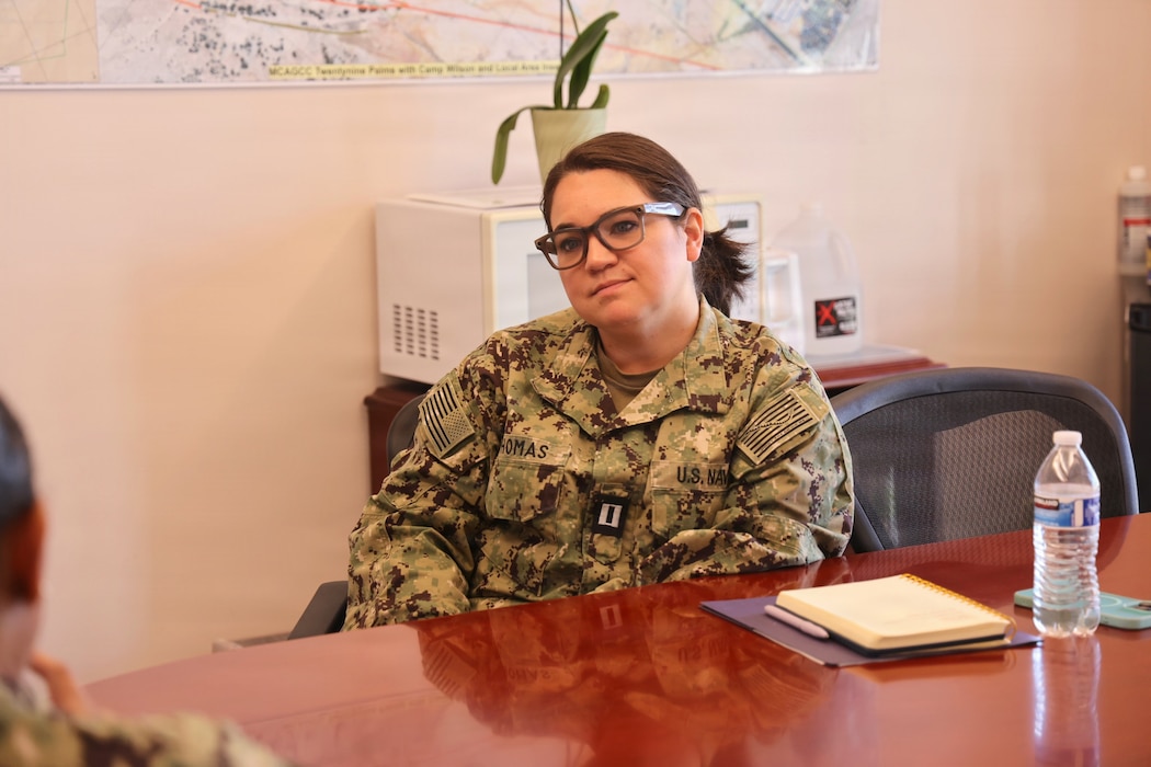 Lt. Catherine "Nicole" Thomas, department head of Navy Medicine Readiness and Training Detachment Bridgeport, participates in Navy Medicine Readiness and Training Command Twentynine Palms' "CO for a Day" program on May 21, 2026. The program provides officers an opportunity to gain insight into executive leadership, command operations, and strategic decision-making within Navy Medicine. (U.S. Navy photo by Christopher Jones, NMRTC/NH Twentynine Palms public affairs officer)