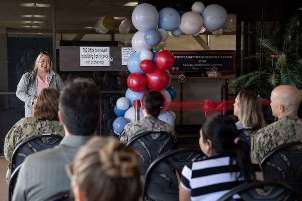 Mimi Pau, lead patient advocate at Naval Medical Center San Diego, addresses an audience of leadership, active-duty Sailors and civilian staff during the grand opening of the Patient Advocacy and Resource Center, at NMCSD, June 9. The new facility serves as the central hub for NMCSD’s patient relations personnel and resources. NMCSD employs more than 5,500 active-duty military personnel, civilians, and contractors in Southern California to deliver exceptional care afloat and ashore. (U.S. Navy photo by Mass Communication Specialist 3rd Class Jason Afable)