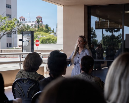 Jennifer Deer, Naval Medical Center San Diego Patient Relations department head, addresses the crowd during the grand opening of the Patient Advocacy and Resource Center, at NMCSD, June 9. The PARC enhances warfighter readiness by centralizing resources such as patient advocates, beneficiary counseling, and referral navigation experts into one dedicated physical space, minimizing delays to issue resolution. NMCSD employs more than 5,500 active-duty military personnel, civilians, and contractors in Southern California to deliver exceptional care afloat and ashore. (U.S. Navy photo by Mass Communication Specialist 3rd Class Jason Afable)