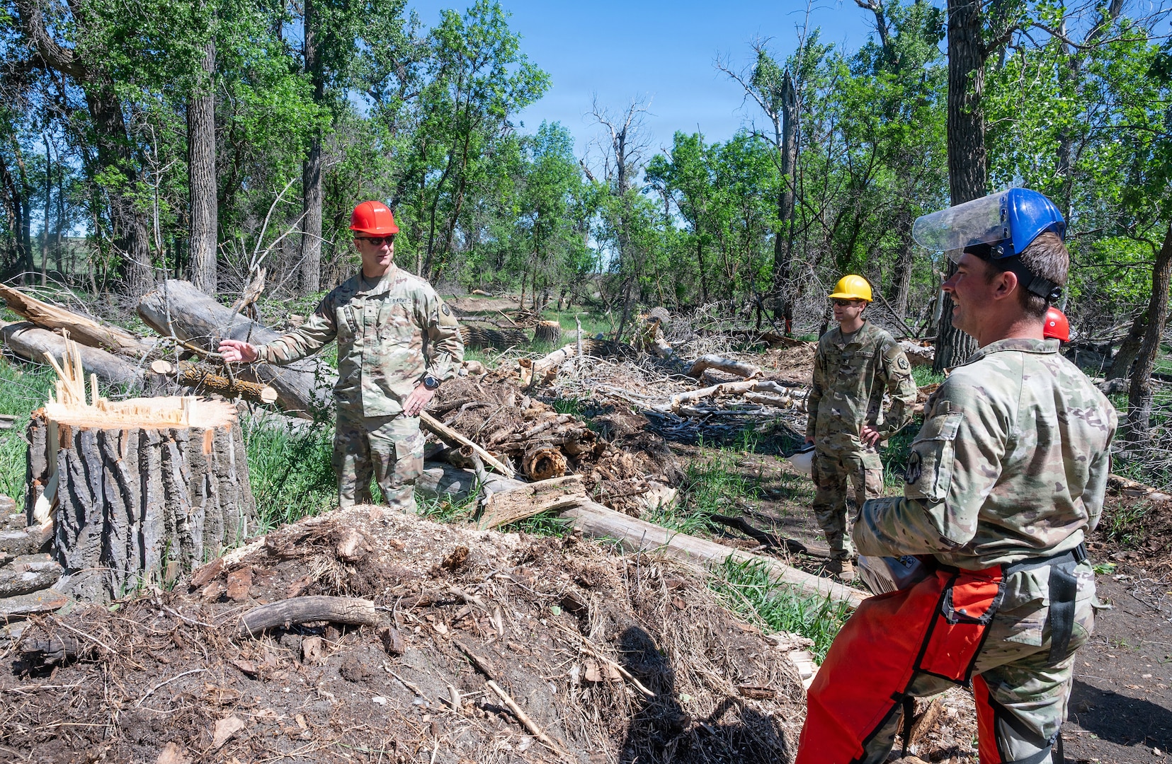 Brig. Gen. Trent Gibson, the adjutant general of the Montana National Guard, receives a project update from Soldiers assigned to Detachment 1, 230th Engineer Company at Legion Park in Culbertson, Montana, June 2026.