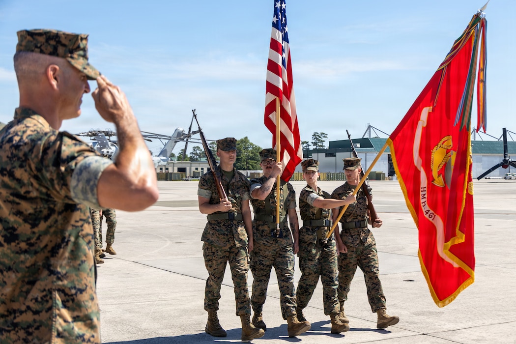 U.S. Marine Corps Lt. Col. Zachary S. Allen, from Minnesota, the commanding officer of Marine Heavy Helicopter Squadron (HMH) 461, Marine Aircraft Group 29, 2nd Marine Aircraft Wing, salutes colors during a change of command ceremony at Marine Corps Air Station, New River, North Carolina, June 5, 2026. The ceremony signified the transfer of responsibility, authority, and accountability from Lt. Col. Matthew P. Bagley, from North Carolina, the former commanding officer of HMH-461, to Allen. (U.S. Marine Corps photo by Lance Cpl. Donovan Pimentel)