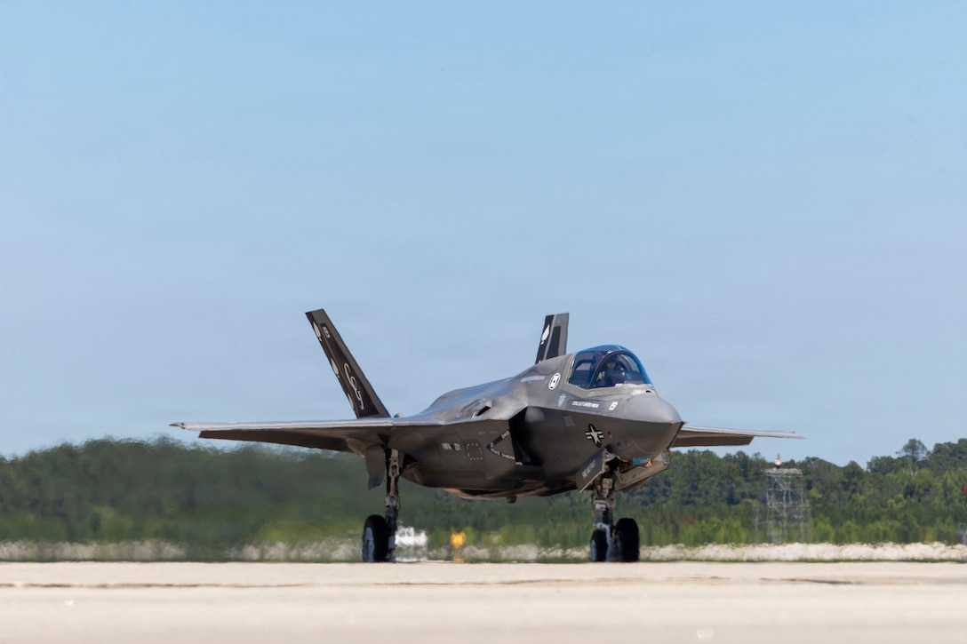 A U.S. Marine Corps F-35B Lightning II with Marine Fighter Attack Squadron (VMFA) 231, Marine Aircraft Group 14, 2nd Marine Aircraft Wing, taxis down the flightline at Marine Corps Air Station Cherry Point, North Carolina, June 4, 2026. VMFA-231 conducted its first flight of the F-35B Lightning II ahead of its official reactivation in the summer of 2026; Marine Attack Squadron (VMA) 231 officially deactivated as one of the U.S. Marine Corps' last AV-8B Harrier II squadrons in 2025. (U.S. Marine Corps photo by Lance Cpl. Bryan Giraldo)