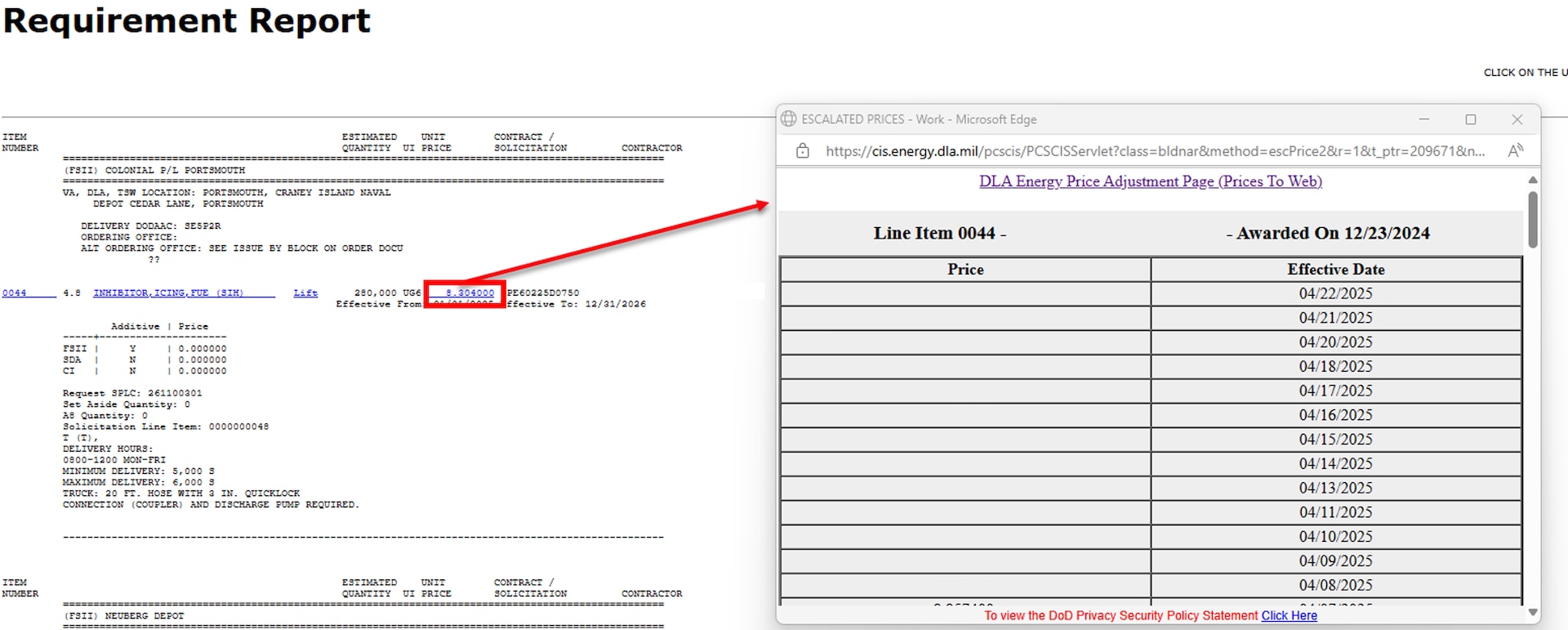 Example of DLA Energy Price Adjustment page