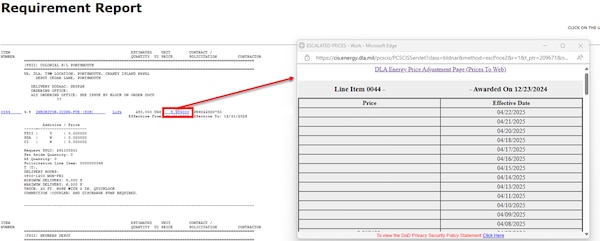 Example of DLA Energy Price Adjustment page