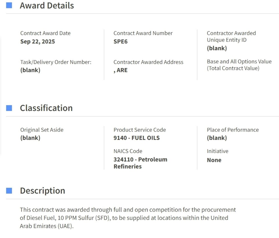 Example of an Original Award Notice on the System for Award Management (SAM.gov) which shows the awarded to Supplier name, amount awarded on what product, and other information relevant to Suppliers doing market research on past successful offers by other Suppliers.