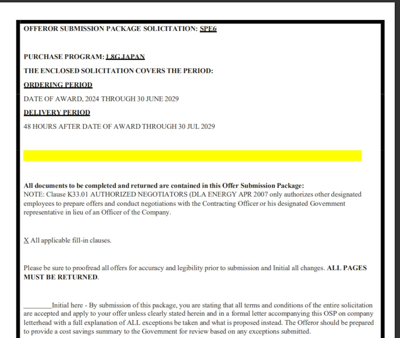 Example of a DLA Energy Direct Delivery PC&S Offer Submission Package document required to be filled out by Suppliers during the offer submission stage.