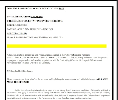 Example of a DLA Energy Direct Delivery PC&S Offer Submission Package document required to be filled out by Suppliers during the offer submission stage.