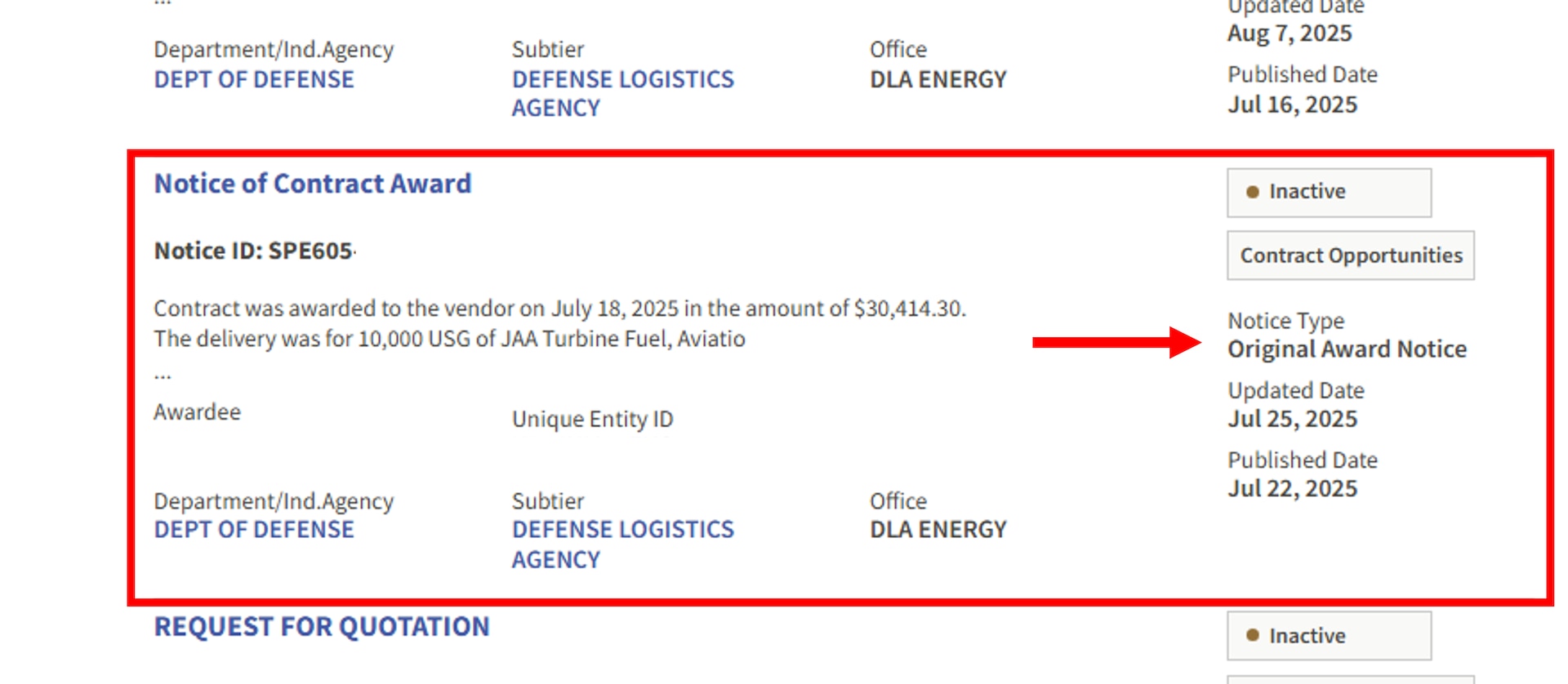 When conducting market research into DLA Energy Direct Delivery PC&S SAM.gov solicitations, identify those that have the Notice type Original Award Notice to review DLA needs and requirements of the past that a Supplier successful bid against.