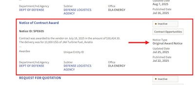 When conducting market research into DLA Energy Direct Delivery PC&S SAM.gov solicitations, identify those that have the Notice type Original Award Notice to review DLA needs and requirements of the past that a Supplier successful bid against.