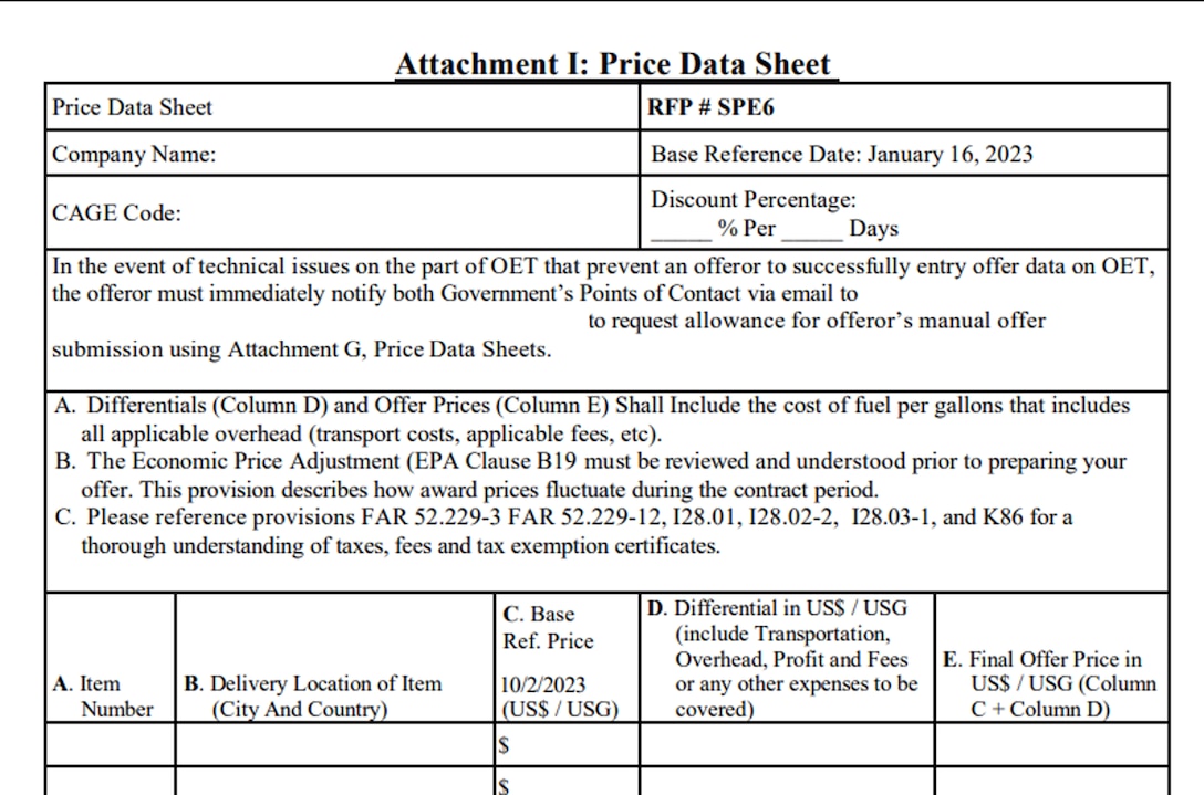 Example of a DLA Energy Direct Delivery PC&S Price Data Sheet required to be filled out by Suppliers during the offer submission stage.