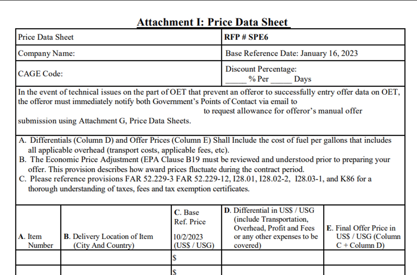 Example of a DLA Energy Direct Delivery PC&S Price Data Sheet required to be filled out by Suppliers during the offer submission stage.