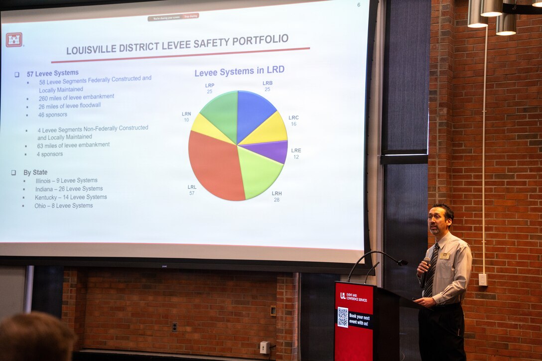 Louisville District Levee Safety Program Manager provides a program update to attendees at the district's 2026 Levee Safety Meeting at the University of Louisville’s ShelbyHurst Campus, Feb. 24, 2026.