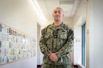 Navy Lt. j.g. Nelyavier Meletiche serves as a physician assistant aboard Navy Medicine Readiness and Training Command Cherry Point.  A graduate of the Medical Service Corps Interservice Procurement Program and Madison, Wisconsin, native, he credits his time as an enlisted hospital corpsman and surgical technologist with being able to better care for his patients.