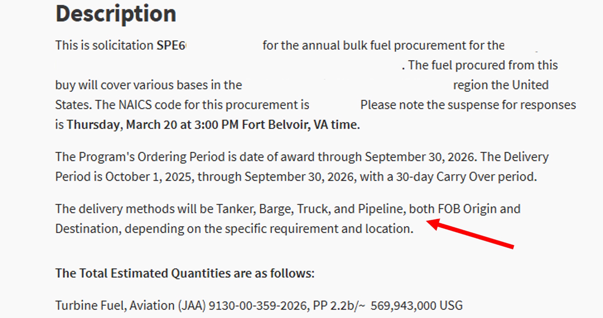 Paragraph describing delivery requirements for a specific solicitation