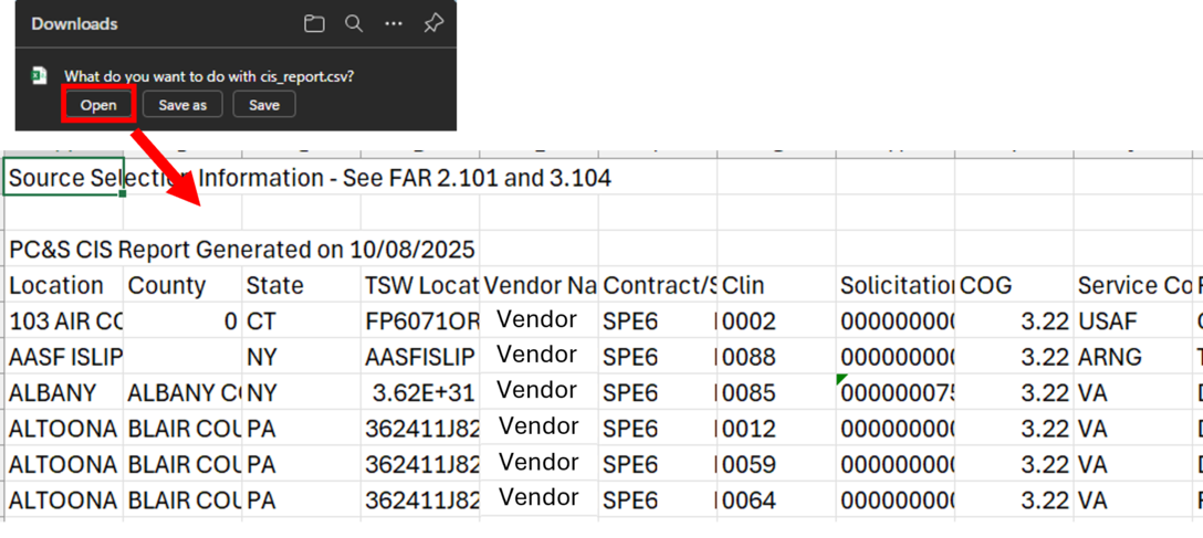When searching DLA Energy Direct Delivery PC&S Contract Information System historical contract data a Supplier can Download the Excel Spreadsheet with contract data and then open to view.