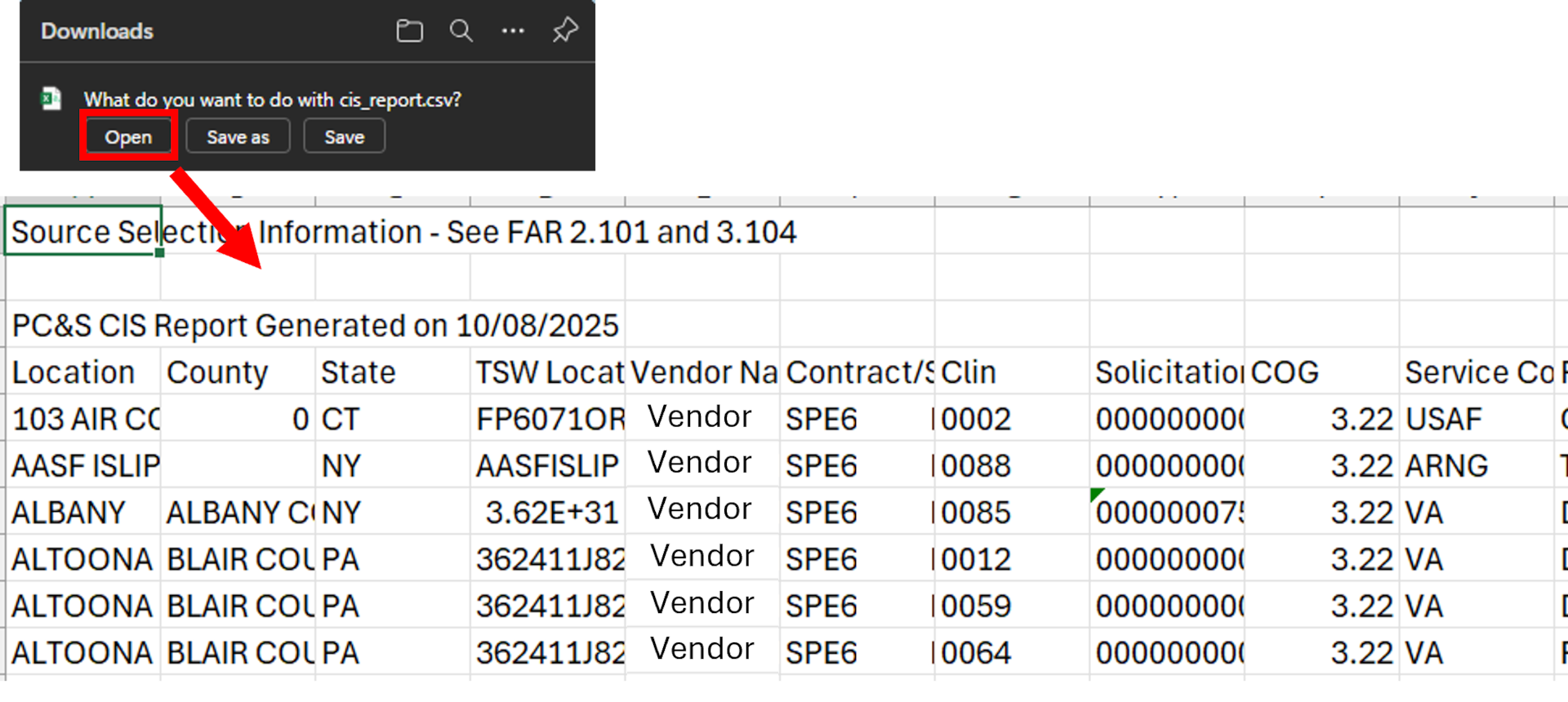 When searching DLA Energy Direct Delivery PC&S Contract Information System historical contract data a Supplier can Download the Excel Spreadsheet with contract data and then open to view.