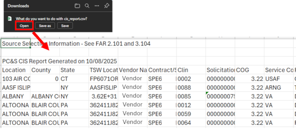 When searching DLA Energy Direct Delivery PC&S Contract Information System historical contract data a Supplier can Download the Excel Spreadsheet with contract data and then open to view.