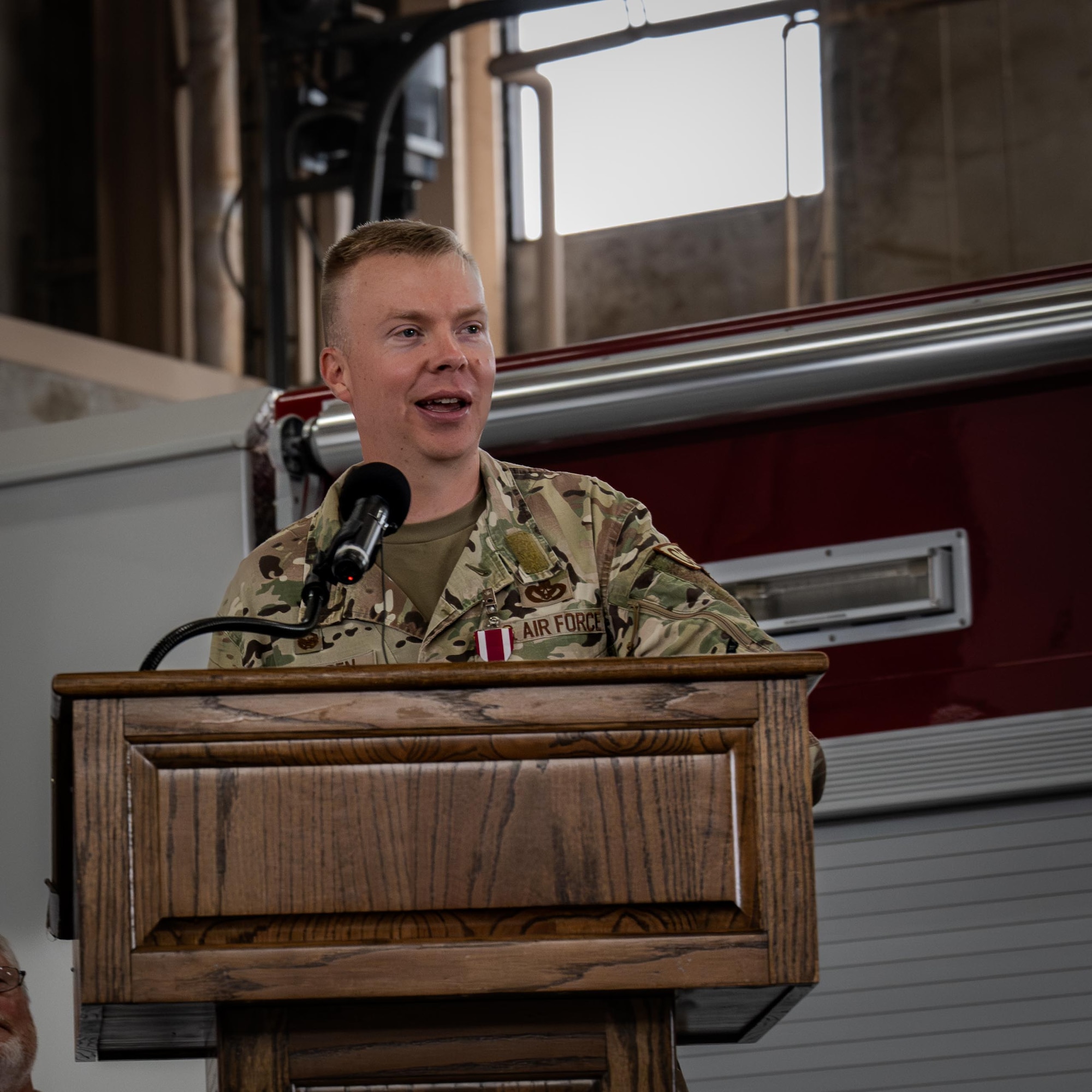 U.S. Air Force Lt. Col. Nathan Thomsen, 47th Civil Engineer Squadron outgoing commander, gives a speech during the 47th CES change of command ceremony at Laughlin Air Force Base, Texas, June 9, 2026. Change of command ceremonies represent a formal transfer of authority and responsibility for a unit from one commanding officer to another. (U.S. Air Force photo by Airman 1st Class Harrison Sullivan)