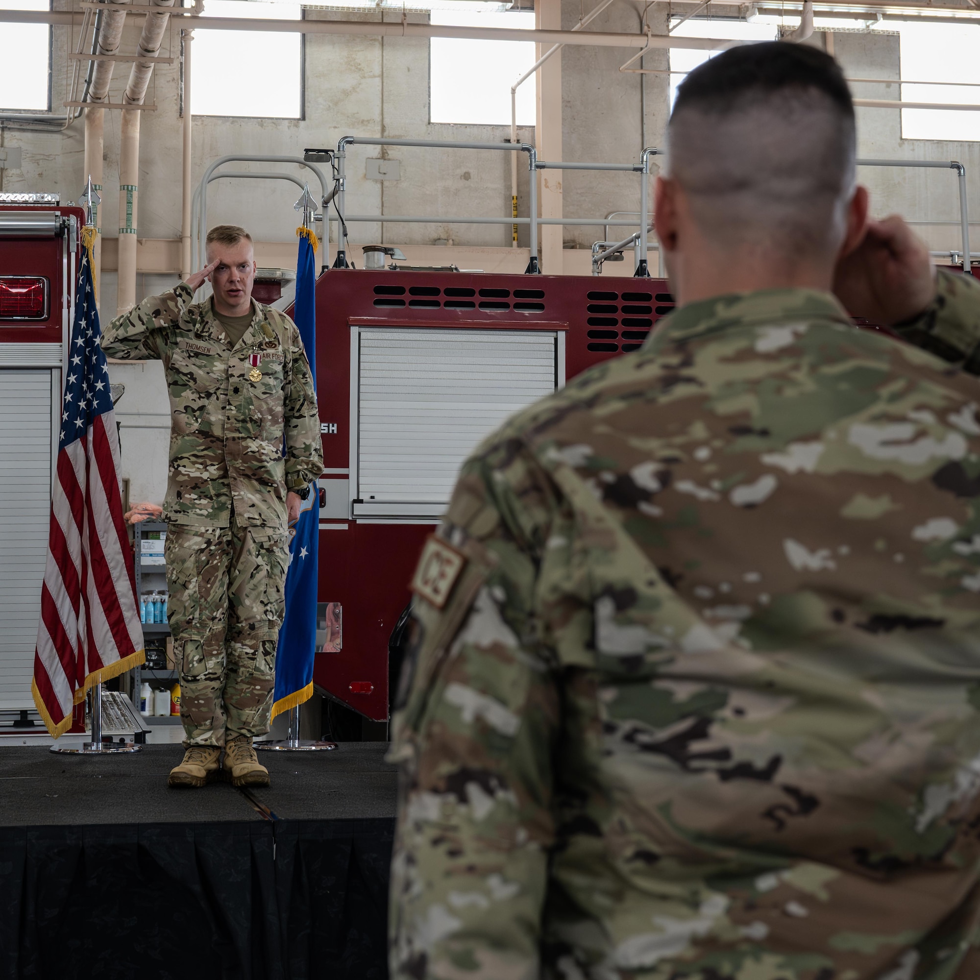 U.S. Air Force Lt. Col. Nathan Thomsen, 47th Civil Engineer Squadron outgoing commander, renders a final salute to his squadron during the 47th CES change of command ceremony at Laughlin Air Force Base, Texas, June 9, 2026. The 47th CES is the lead agency for the Laughlin AFB’s civil engineer functions: Installation Management; Operations; Engineering; Fire and Emergency Services; and Emergency Management programs. The Squadron generates trained and equipped expeditionary Prime Base Engineer Emergency Force for worldwide deployments. (U.S. Air Force photo by Airman 1st Class Harrison Sullivan)