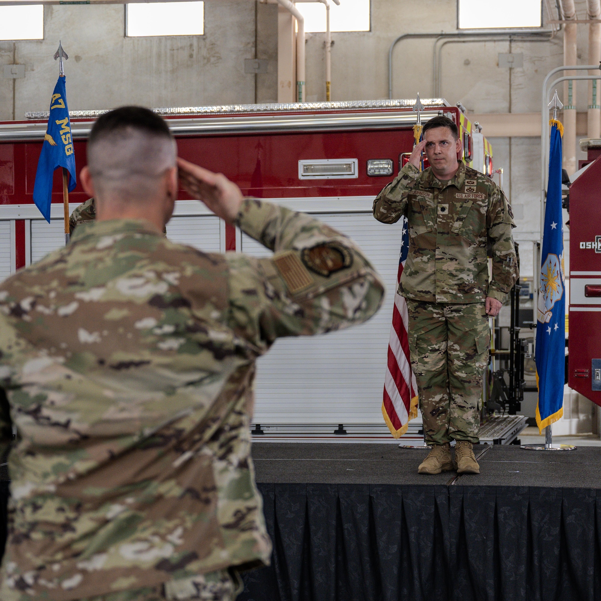 U.S. Air Force Lt. Col. Col. Benjamin Johnson, 47th Civil Engineer Squadron commander, renders a first salute to his squadron during the 47th CES change of command ceremony at Laughlin Air Force Base, Texas, June 9, 2026. The 47th CES is responsible for acquiring, maintaining, repairing and protecting from fire and disaster of 808 facilities and infrastructure assets across 5,343 acres, valued at $223 million. (U.S. Air Force photo by Airman 1st Class Harrison Sullivan)