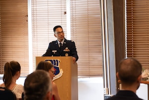 Lt. Col. Evan Valdez addresses attendees on hand to see him assume the role of Arnold Engineering Development Complex Test Support Division chief during a June 5, 2026, Change of Leadership ceremony at Arnold Air Force Base, Tenn., headquarters of AEDC. Valdez’s previous assignment was as a student at the Air War College at Maxwell Air Force Base, Alabama. Before Air War College, Valdez served as deputy commander for the 35th Mission Support Group at Misawa AB. (U.S. Air Force photo by Diamond Brown)
