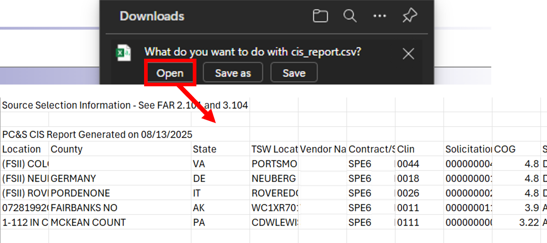 When searching DLA Energy Direct Delivery PC&S Contract Information System historical contract data a Supplier can Download the Excel Spreadsheet with contract data and then open to view.