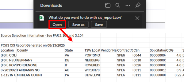 When searching DLA Energy Direct Delivery PC&S Contract Information System historical contract data a Supplier can Download the Excel Spreadsheet with contract data and then open to view.