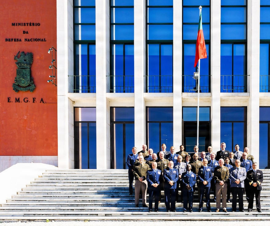 Senior staff and commanders from the Illinois National Guard and the Portuguese Armed Forces pose for a group photograph at the end of staff talks in May between Illinois National Guard senior leaders and the Portuguese Armed Forces.