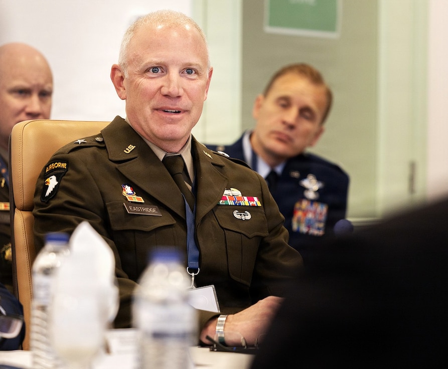 Illinois Army National Guard Deputy Assistant Adjutant General Brig. Gen. Michael Eastridge listens to the discussion during staff talks in May between Illinois National Guard senior leaders and the Portuguese Armed Forces.