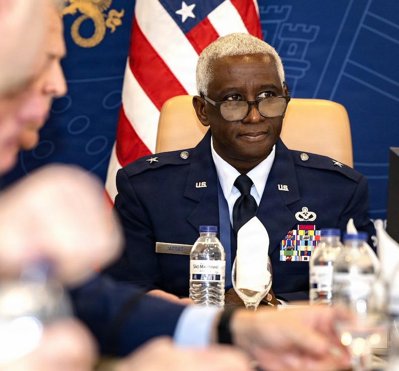Illinois Air National Guard Commander Brig. Gen. Kevin Jacobs listens to the discussion during staff talks in May between Illinois National Guard senior leaders and the Portuguese Armed Forces.
