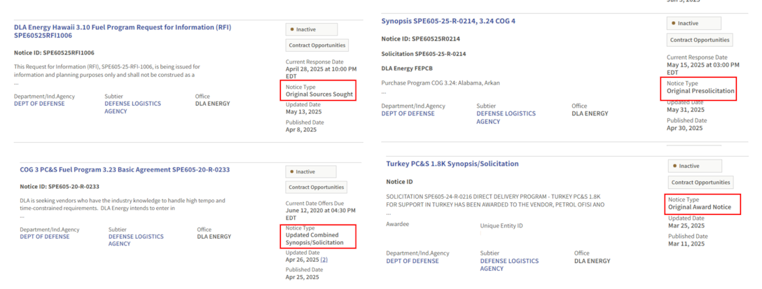 Example of different notice types in SAM.gov including: Original Sources Sought, Original Presolicitation, Updated Combined Synopsis/Solicitation, Original Award Notice