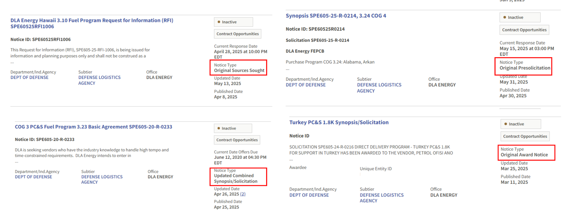 Example of different notice types in SAM.gov including: Original Sources Sought, Original Presolicitation, Updated Combined Synopsis/Solicitation, Original Award Notice