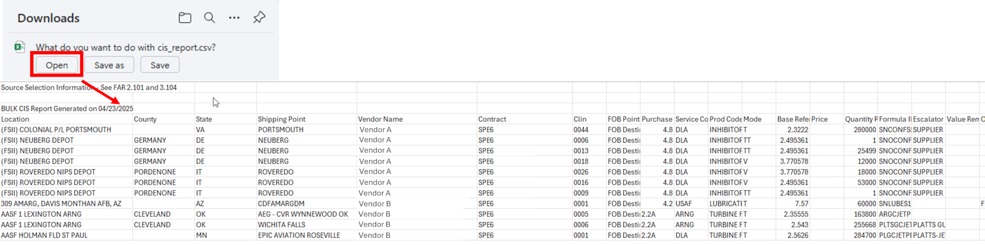 Example of Downloaded Excel Spreadsheet