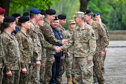 Air Force Gen. Steve Nordhaus, chief, National Guard Bureau, joins Maj. Gen. Kaspars Pudans, chief of defense for the Republic of Latvia, for a ceremonial wreath laying at the Riga Brethren Cemetery to honor Latvians who gave their lives for their country’s independence, Riga, Latvia, June 2, 2026.